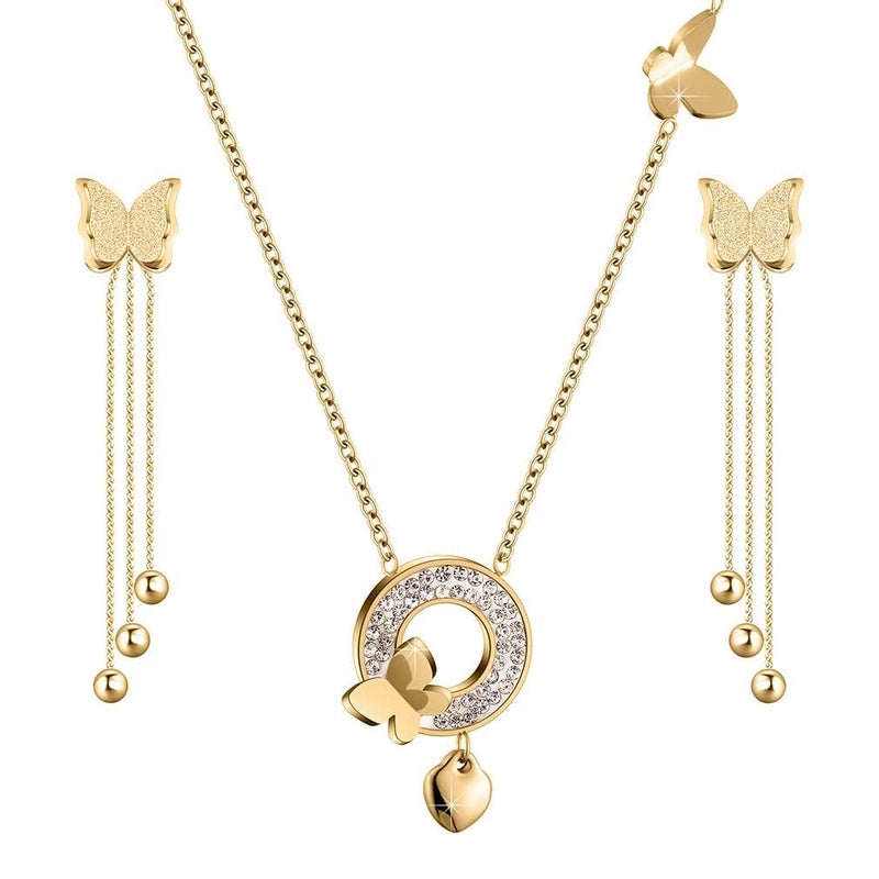 EVEVIC Stainless Steel Butterfly Necklace Earrings Set for Women 14K Gold Plated Hypoallergenic Jewelry Sets (Style-B Goldtone) - Image 1